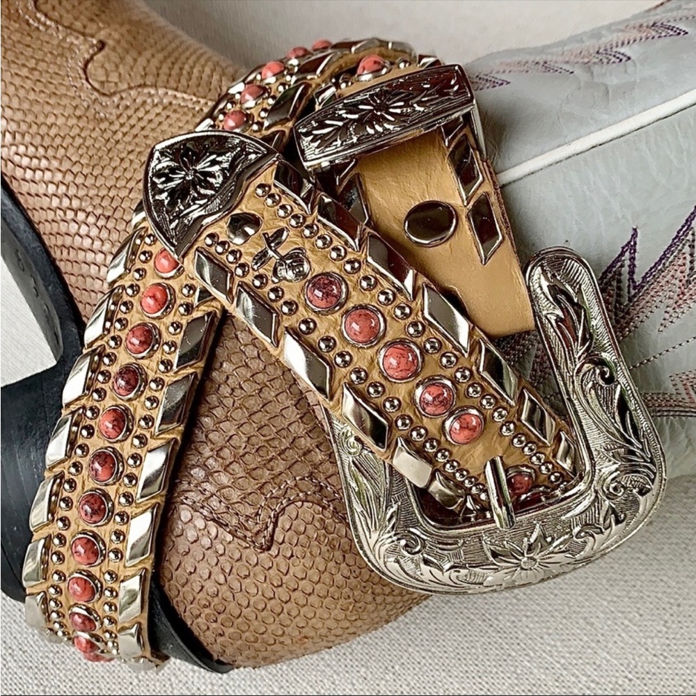 KIPPYS Silver Studded Tan Leather Belt Coral Stones Western Cowgirl Bling XS S